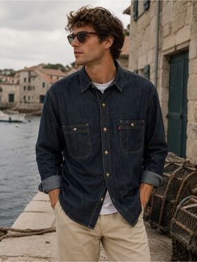 Levi’s Dark Wash Denim Work Shirt Cotton Button Up Men Large Normcore Minimalist
